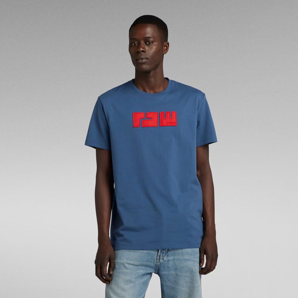 G STAR RAW Mens Shirt Medium Blue Pullover Crew Felt Logo Spell Out Tee